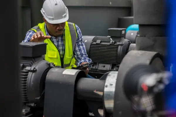 Ingeniero inspecciona motores usando una tableta para registrar el mantenimiento correctivo y preventivo en la fábrica.