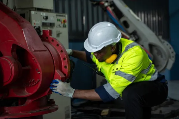 Ingeniero con equipo de protección realiza el mantenimiento preventivo de un sistema de manufactura pesada.