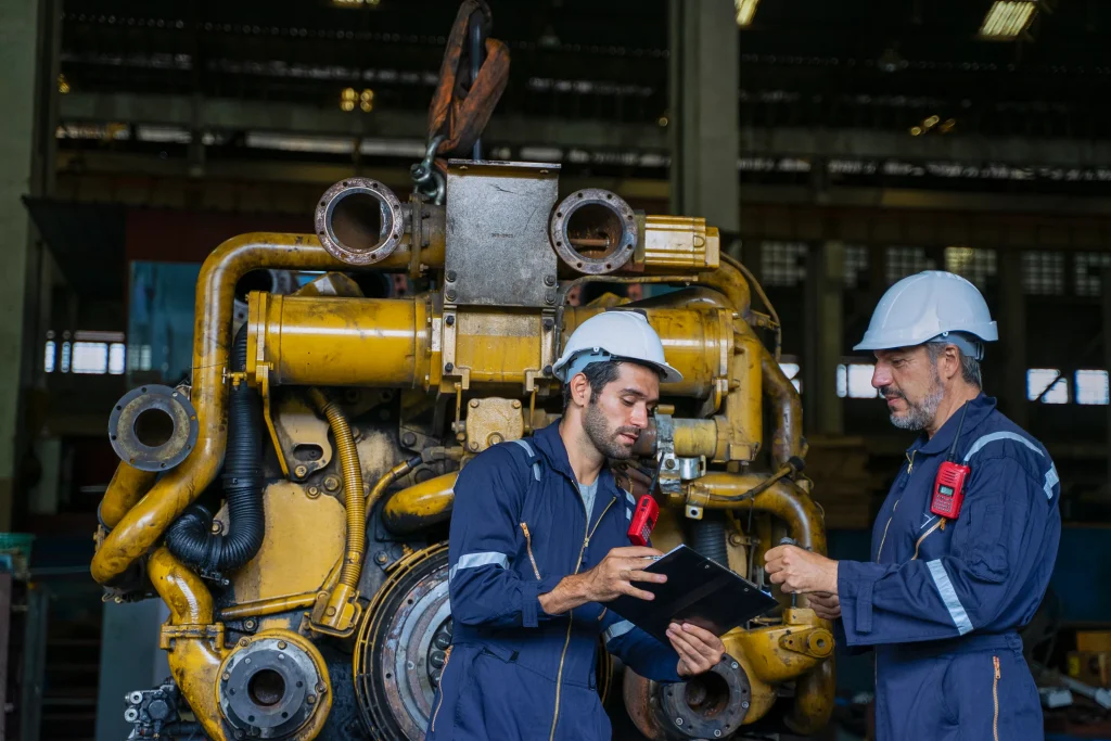 Dos técnicos en mantenimiento correctivo industrial examinan el motor de un activo industrial.