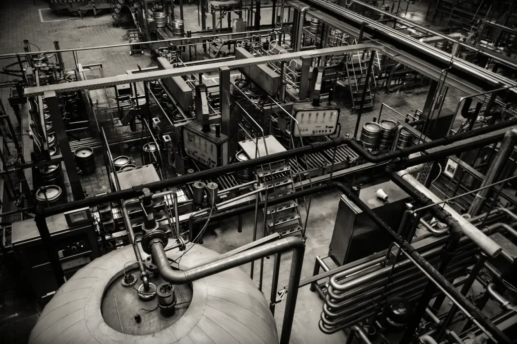 Vista aérea en blanco y negro de una planta automatizada de procesos industriales con barriles y líneas de llenado.